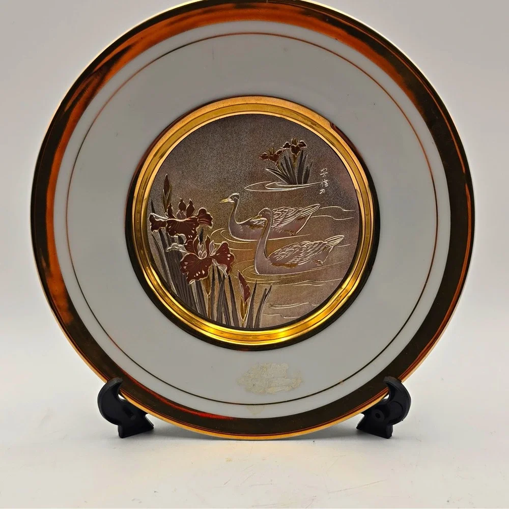 Japanese Collector Plate - Swan & Iris Floral Birds - 24KT Gold - Round